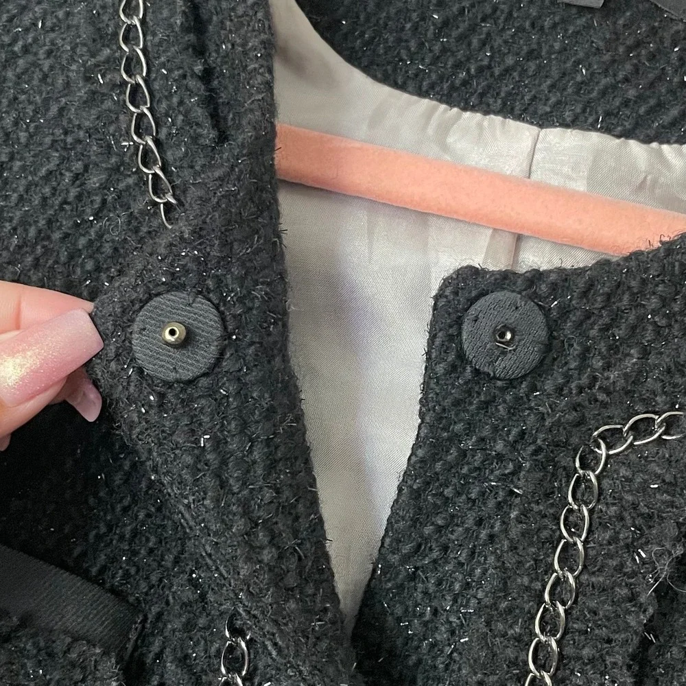 Maje Blazer Womens 36 Small Black Wool Tweed Knit Chain Trim Jacket Quiet Luxury